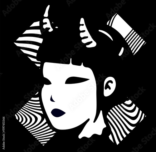 Gothic anime girl with horns on a wavy psychedelic background. Vector illustration for a print design.