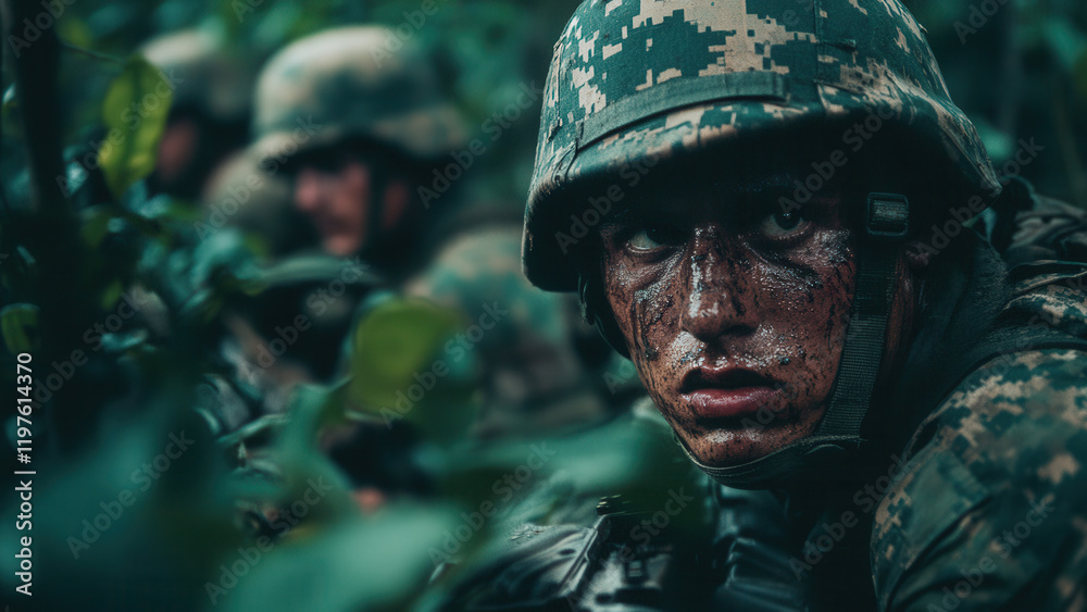 Young army soldier with focused eyes, jungle combat war concept background Young army soldier with focused eyes, jungle combat war concept background