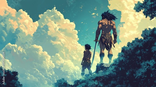 Father and Son Warriors Gaze at Cloudy Sky photo