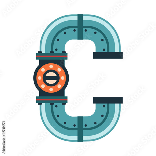 Letter C is formed using industrial valves and pipes. Engineering theme in Alphabet design. Vector