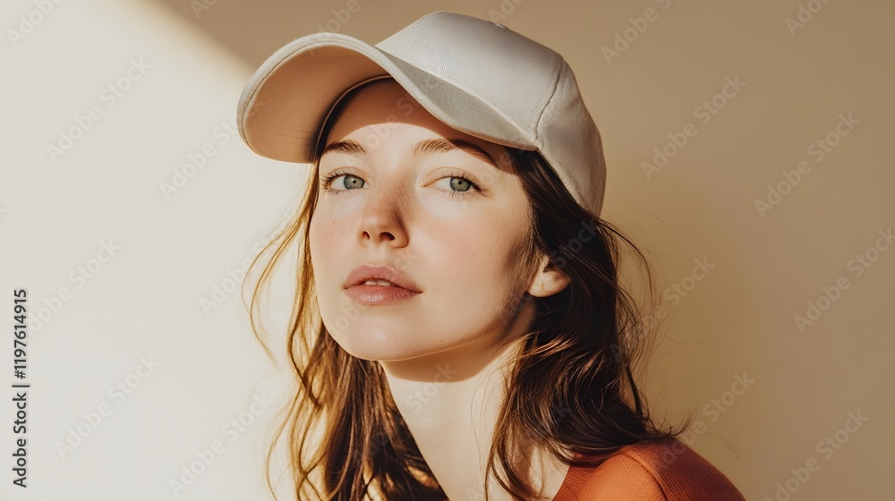 Young Woman Wearing a White Baseball Cap Young Woman Wearing a White Baseball Cap
