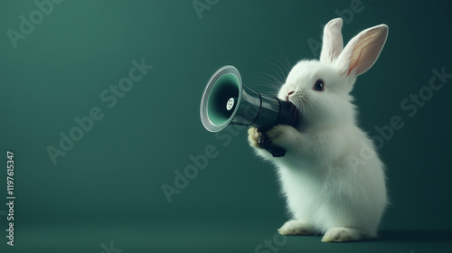 Cute Easter bunny holds a megaphone in its paws and shouts into the megaphone photo