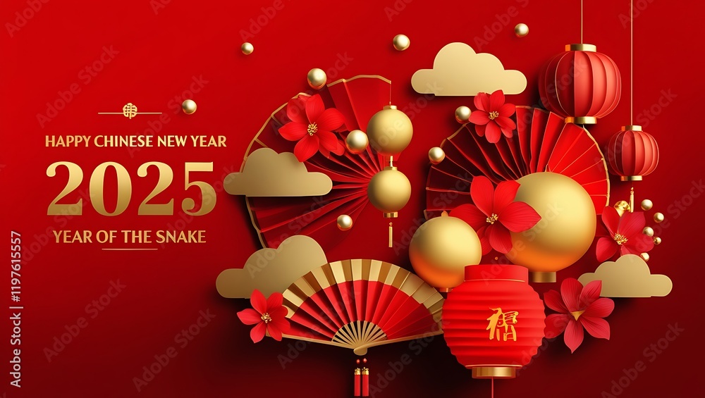 Naklejka premium Elegant Chinese New Year 2025 Celebration – Year of the Snake in Luxurious Red and Gold Design, New Lunar Year 2025