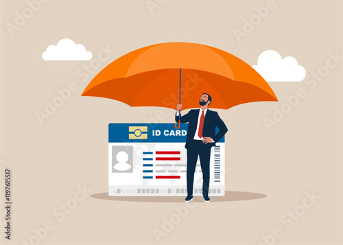 Businessman with his ID card covered by big umbrella. Insurance and finance saving protection in economy crisis, safety investment or all weather portfolio. Flat vector illustration.