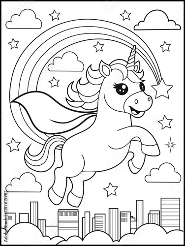 Superhero Unicorn Coloring Page for Kids. A Fun and Printable Black and White Activity Sheet for Kindergarten.
