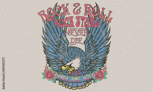 Eagle tattoo. Rock and roll tour t shirt print design. Rockstar vector artwork. Rebel eagle graphic illustration. Music poster. 
