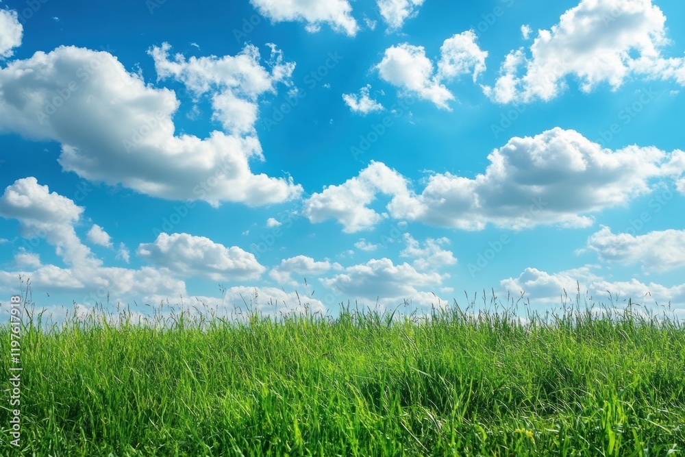 Vast green field under a bright blue sky with fluffy clouds during daytime in a tranquil outdoor setting. Generative AI Vast green field under a bright blue sky with fluffy clouds during daytime in a tranquil outdoor setting. Generative AI