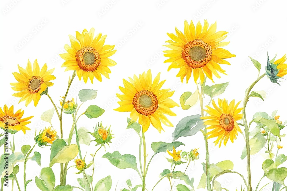 Watercolor painting of sunflowers, buds, and leaves. Watercolor painting of sunflowers, buds, and leaves.