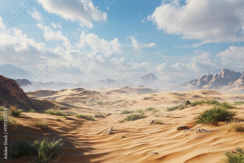 Sandy desert landscape, mountains, blue sky.