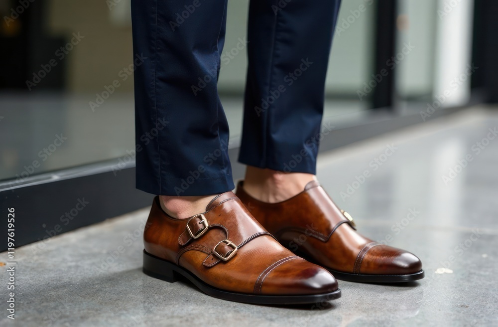 men's style for formal occasions. brown leather dress shoes and navy trousers in stylish footwear concept for fashion and apparel design. men's style for formal occasions. brown leather dress shoes and navy trousers in stylish footwear concept for fashion and apparel design.