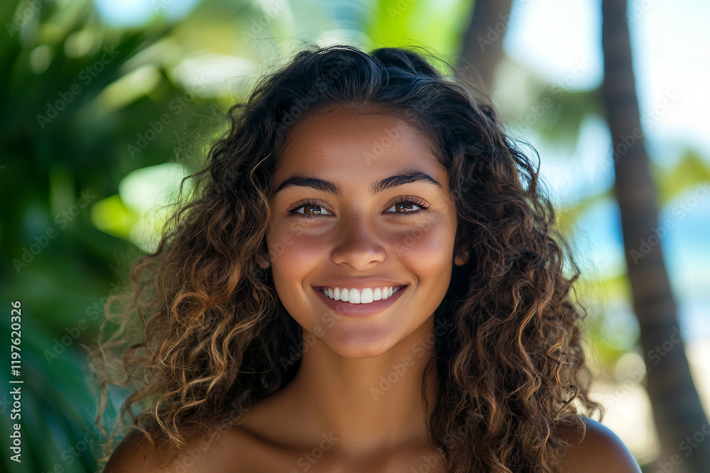 Fototapeta premium Generative AI illustration of woman enjoying trip in tropics