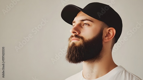 A bearded man wearing a black cap looks upward