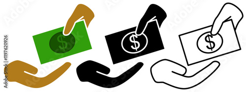 icon of giving and receiving donation money, simple flat style, pictogram logo sign symbol vector illustration, isolated on white for mobile app