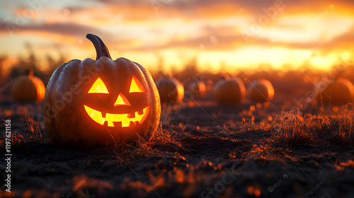 A glowing jack-o'-lantern sits in a field at sunset, surrounded by other pumpkins. The warm light creates a spooky yet beautiful Halloween scene. photo