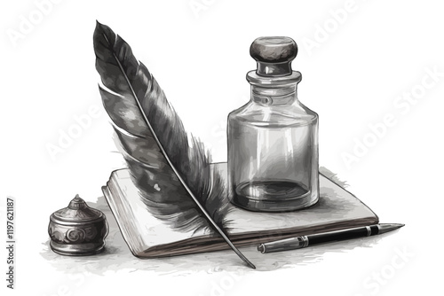 A vintage quill feather ink writing pen. Inkwell illustration.