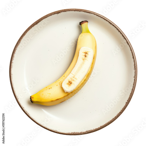 Single ripe banana on a Png plate with a slice cut for easy snacking and presentation idea, Banana slice in a plateisolated on transparent background photo