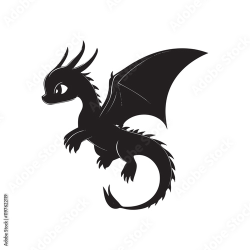 A playful black silhouette of a dragon in mid-flight, showcasing its wings and tail.