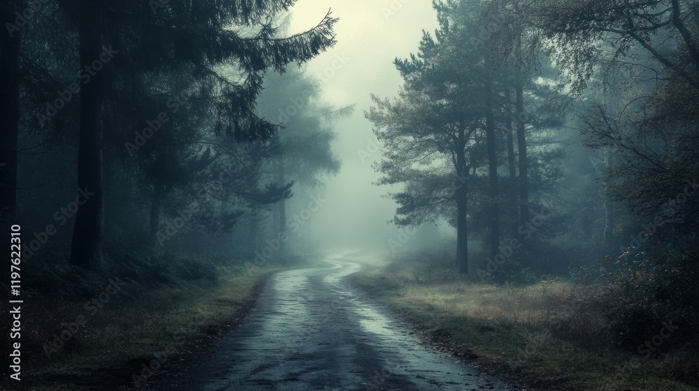 Fototapeta premium Misty forest pathway offering ample space for text and creative copy ideas in a serene natural setting. Generative AI