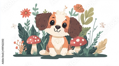 Adorable Little Dog Surrounded by Mushrooms, Flowers, and Leaves in Lush Folia Setting photo