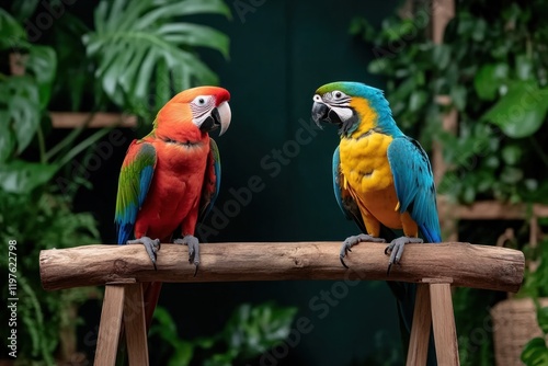 Colorful macaws perched on a wooden branch against a lush green background in a tropical setting