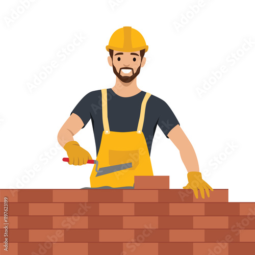 Smiling Builder Working on a Brick Wall. Flat vector illustration isolated on white background