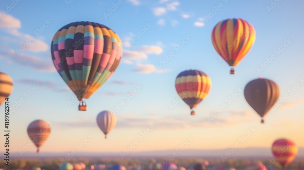 Fototapeta premium Hot air balloon festival with colorful balloons and dreamy blurred sky