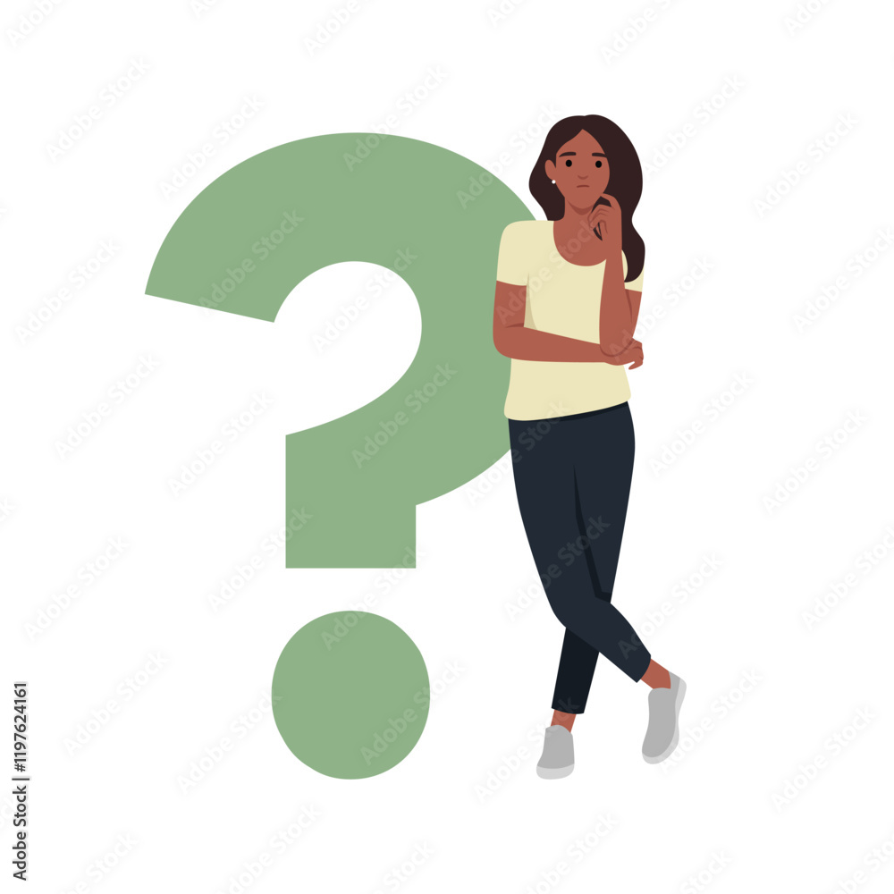 Woman Standing and Thinking Beside a Question Mark. Flat vector illustration isolated on white background