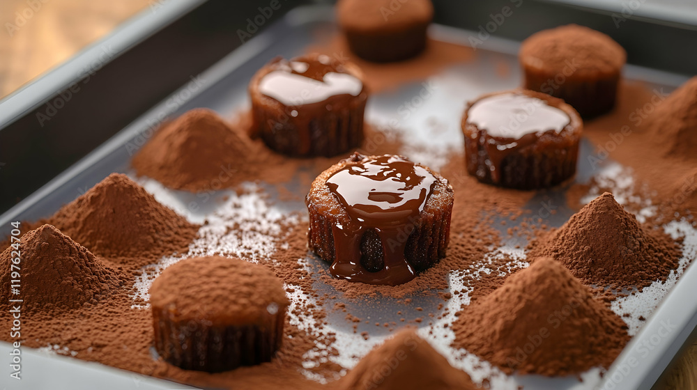 A clean tray of mini chocolate lava cakes, with molten centers visible, surrounded by small piles of cocoa powder A clean tray of mini chocolate lava cakes, with molten centers visible, surrounded by small piles of cocoa powder