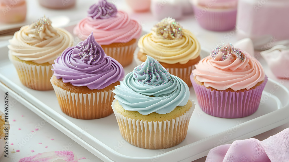 A clean white tray holding colorful cupcakes topped with intricate frosting designs and edible glitter, surrounded by pastel decor A clean white tray holding colorful cupcakes topped with intricate frosting designs and edible glitter, surrounded by pastel decor
