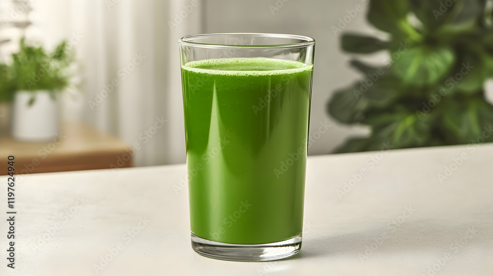 A clear glass of freshly brewed green juice with vibrant green tones, sitting on a plain light-colored countertop, minimal setup A clear glass of freshly brewed green juice with vibrant green tones, sitting on a plain light-colored countertop, minimal setup