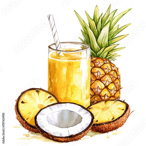 A watercolor of a pineapple coconut juice, isolated on a white background. Pineapple coconut juice vector.
