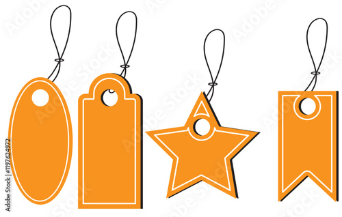 Set of blank hanging tags in various colors with strings, ideal for labeling, pricing, and branding concepts labels, and price tags on a transparent background. Realistic mockup price tag.