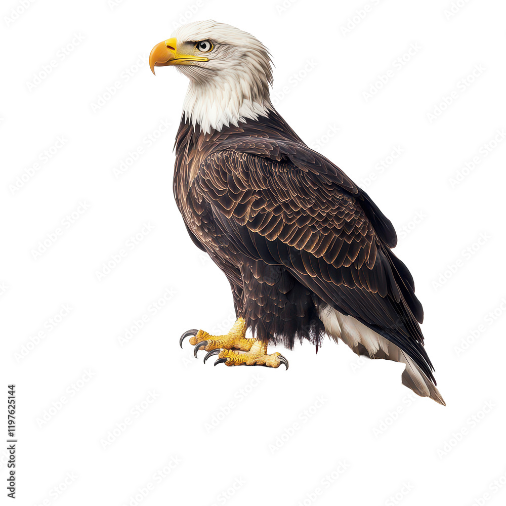 Naklejka premium Bald eagle perched majestically on a stack of vintage books against a simple transparent background, bald eagle sitting on top a book, transparent background.