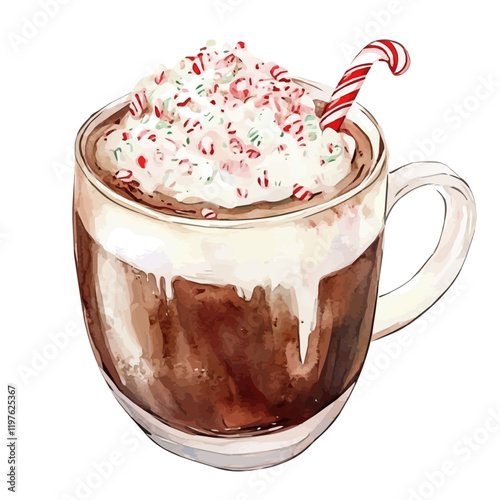 A watercolor of a peppermint hot chocolate, isolated on a white background. Peppermint hot chocolate vector.
