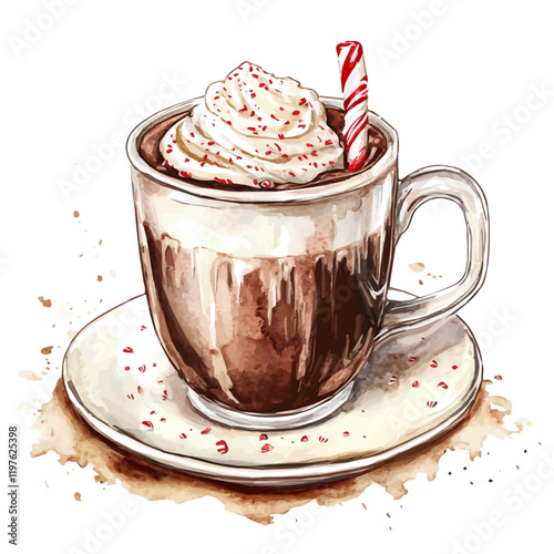 A watercolor of a peppermint hot chocolate, isolated on a white background. Peppermint hot chocolate vector.
