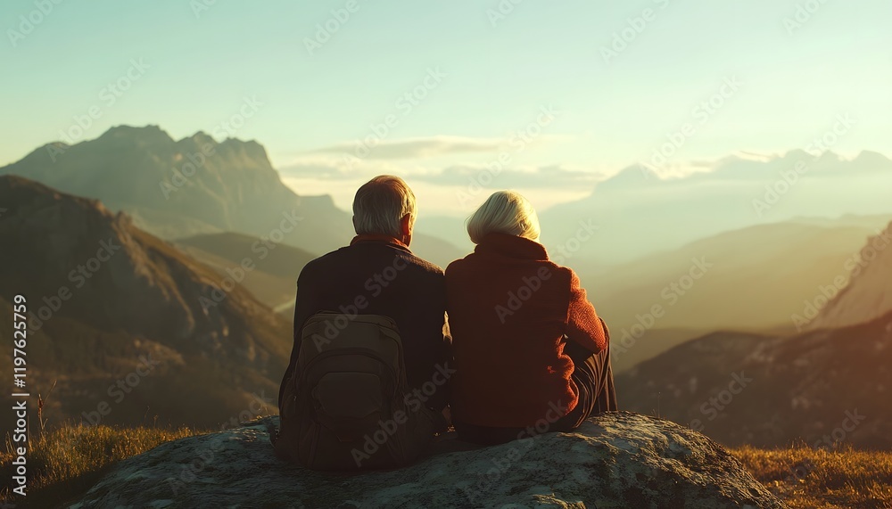 Fototapeta premium Serene Couple Enjoys Breathtaking Mountain View at Sunset, Capturing a Moment of Peace and Connection in Nature's Embrace with Warm Colors and Scenic Landscape