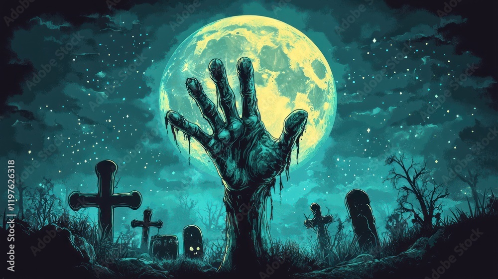 Nightmarish Zombie Hand Rising From The Grave Underneath A Full Moon Nightmarish Zombie Hand Rising From The Grave Underneath A Full Moon