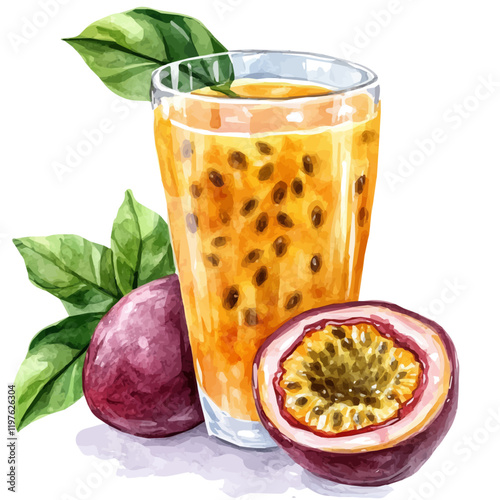 A watercolor vector of passion fruit juice, isolated on a white background. Juice vector.
