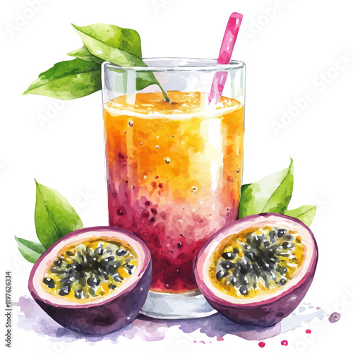 A watercolor vector of passion fruit juice, isolated on a white background. Juice vector.
