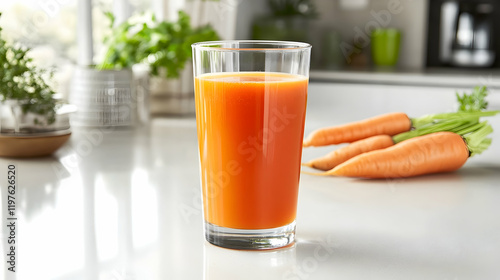 A crystal-clear glass of freshly made carrot juice, no garnish, placed on a white countertop with natural lighting
