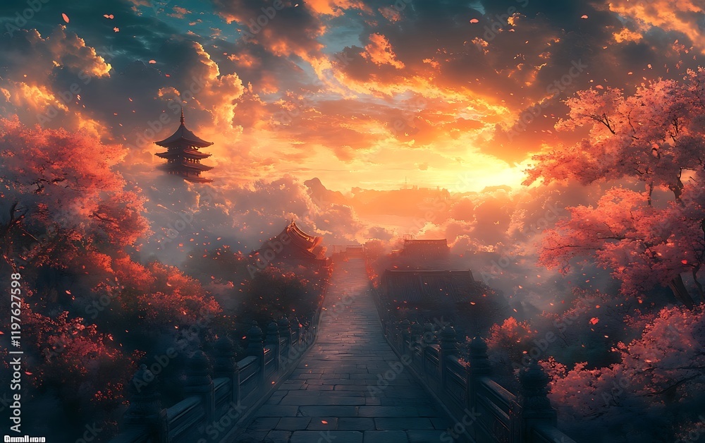 Tranquil Chinese Temple Pathway at Sunset