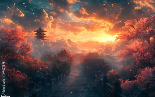 Obraz na płótnie Tranquil Chinese Temple Pathway at Sunset w salonie