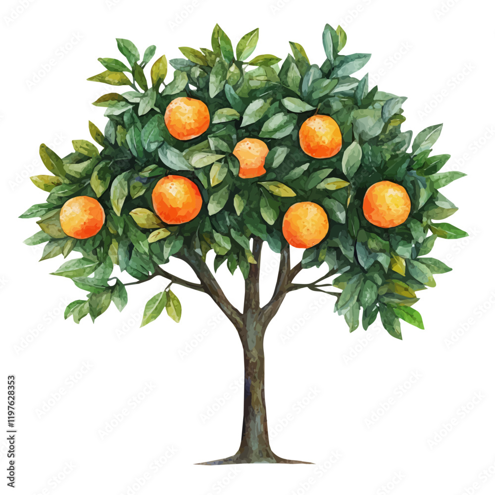 A watercolor painting of an orange tree, isolated on a white background. Orange tree vector.
