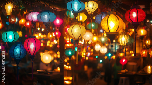 Vibrant Night Market with Colorful Lanterns, Crowds Enjoying Street Food, and Atmospheric Lighting