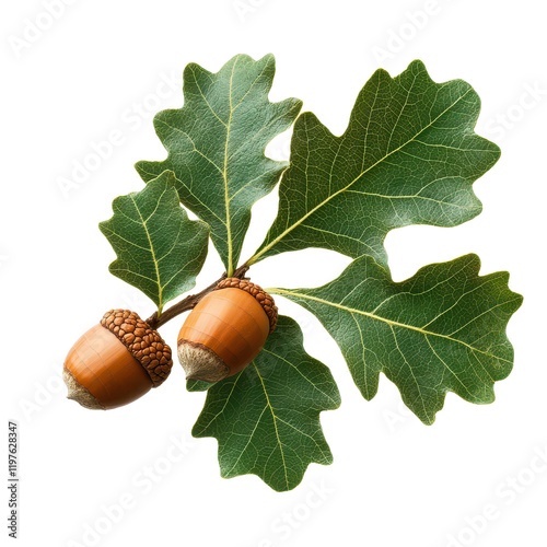 A close up view of acorns and oak leaves isolated against a transparent background highlighting nature s intricate details, Acorn branch isolated oak leaf plant nut tree, transparent background. photo