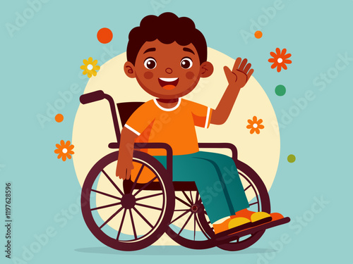 child is seated in a wheelchair, waving and surrounded by colorful flowers and dots