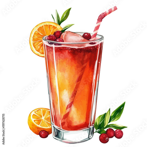 A watercolor drawing of orange cranberry juice, isolated on a white background. Juice vector.
