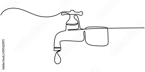 Water faucet with a drop of water one line drawn, Water Shortage Continuous Line Editable Stroke Line, Save water, World Water Day continuous single line art drawing and one line water drop outline.