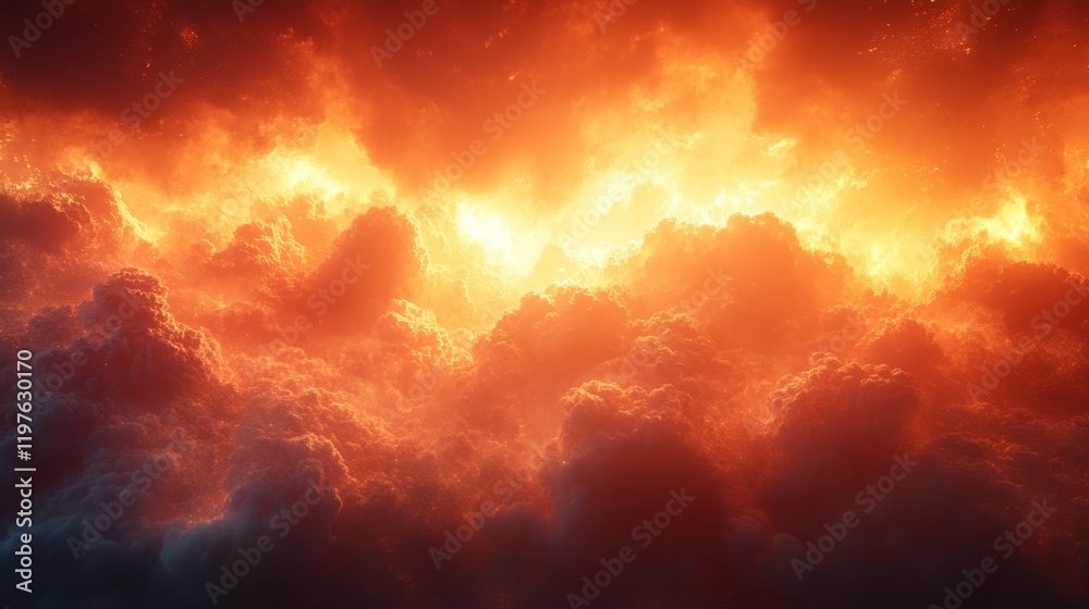 Obraz premium A fiery orange sky with clouds and a sun in the middle