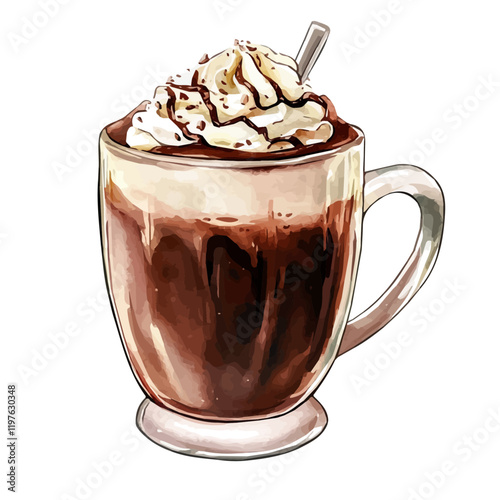A watercolor of Nutella hot chocolate, isolated on a white background. Hot chocolate vector.
